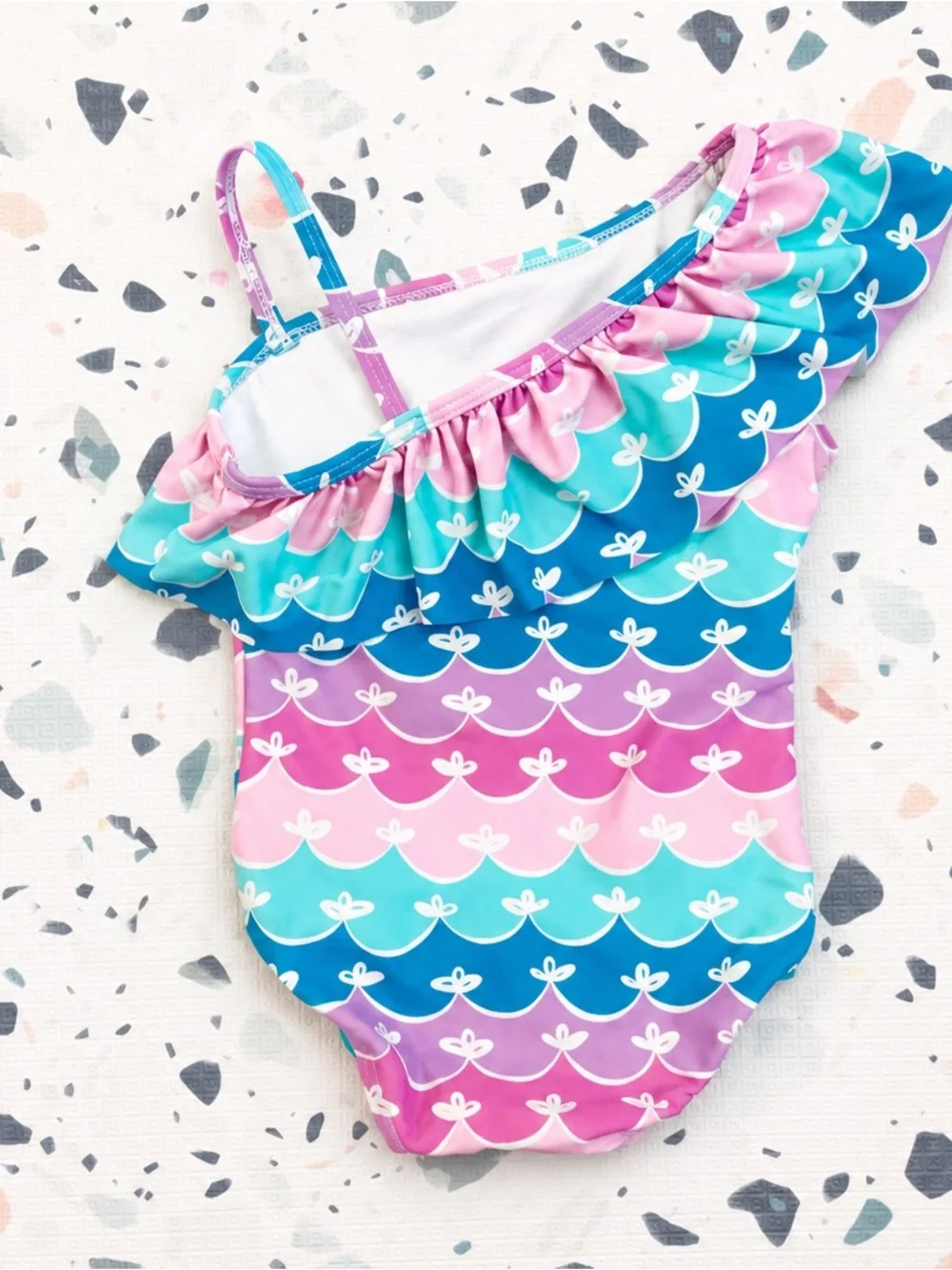 Ruffle Butts Pastel Mermaid Stripe One-Shoulder Swimsuit in Pink, Mint & Purple